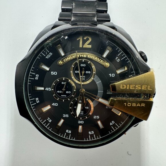 Diesel Mega Chief Watch Men Black Gold Tone Large Dial 53MM Missing Pin Working - Picture 3 of 11